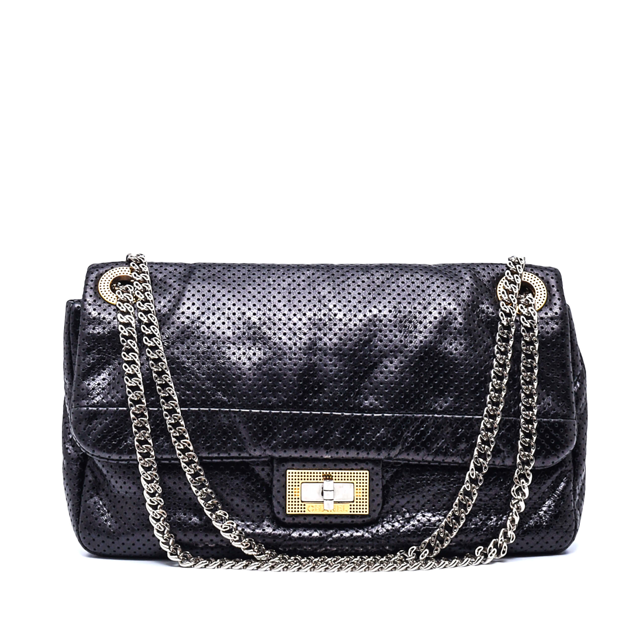 Chanel - Black Perforated Drill Leather Medium Classic Flap Bag